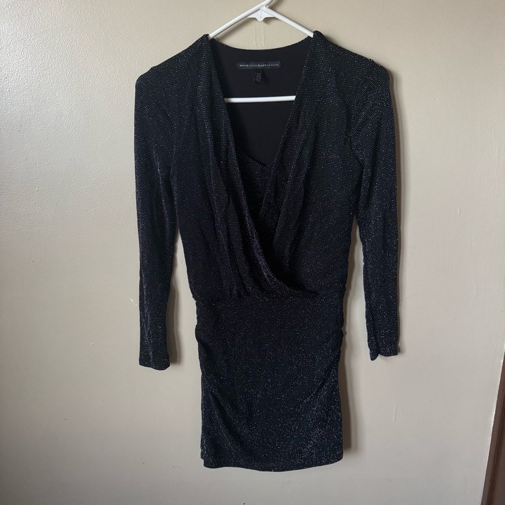White House Black Market Glitter Long Sleeve Dress blouson v-neck